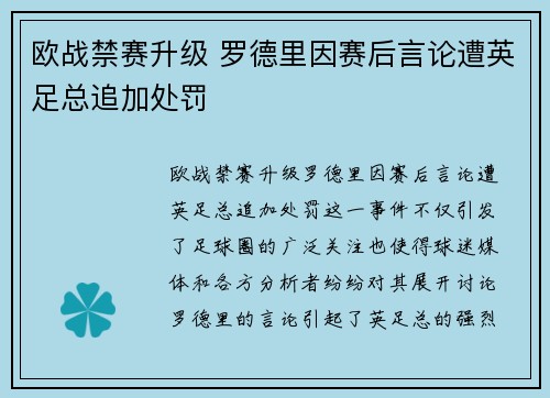 欧战禁赛升级 罗德里因赛后言论遭英足总追加处罚