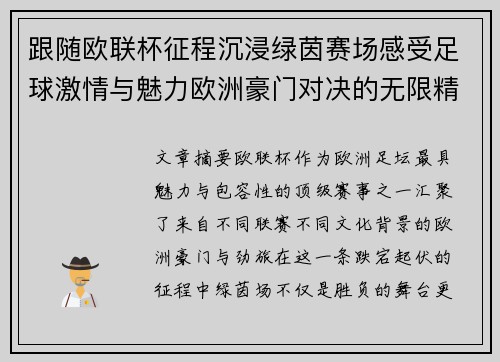 跟随欧联杯征程沉浸绿茵赛场感受足球激情与魅力欧洲豪门对决的无限精彩
